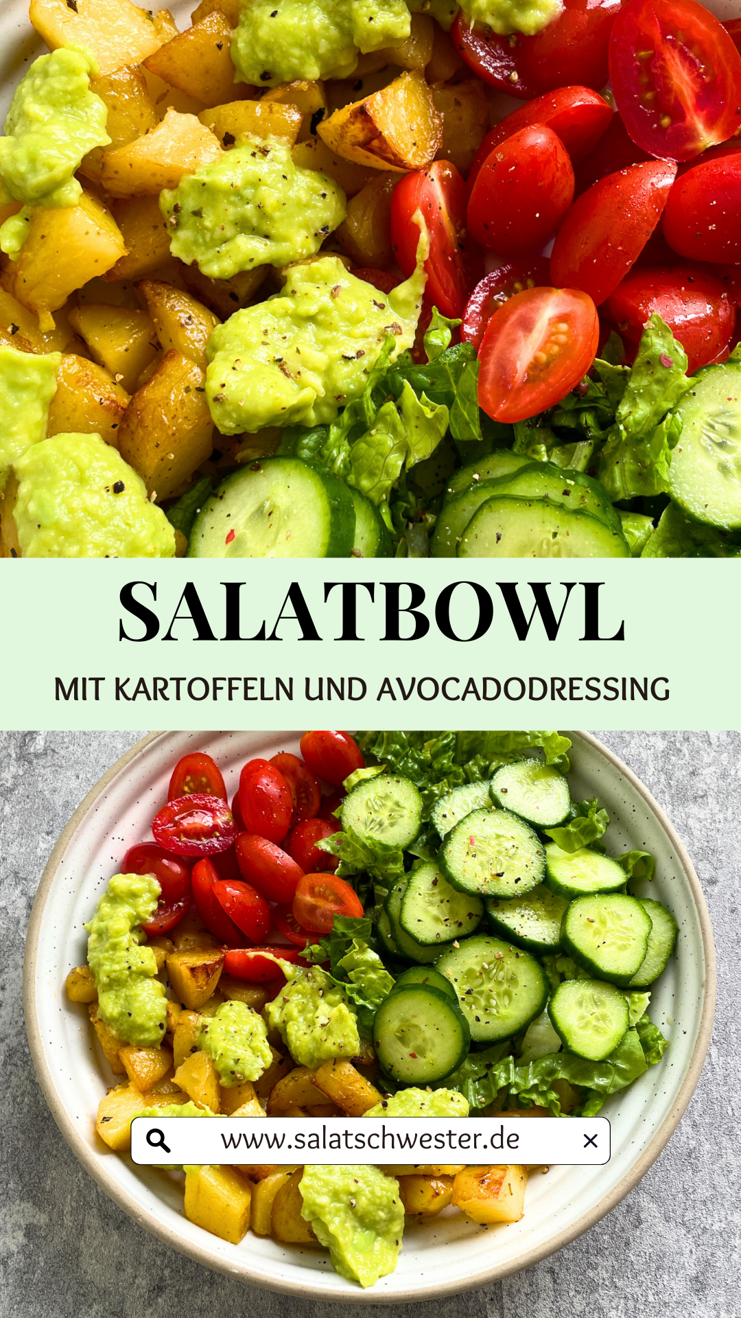 Knusprige Kartoffeln treffen auf frisches Grün – Diese Kartoffelbowl mit Salat und Avocadodressing vereint knackiges Gemüse und cremiges Dressing in einer Schüssel. Ein veganes Rezept, das nicht nur lecker, sondern auch gesund ist! Perfekt für alle, die auf der Suche nach Salatideen oder einem kartoffelsalat vegan sind. Ob als leichtes Mittagessen oder als Salat Bowl Rezept für die ganze Familie, dieses Gericht bringt Abwechslung auf den Tisch.