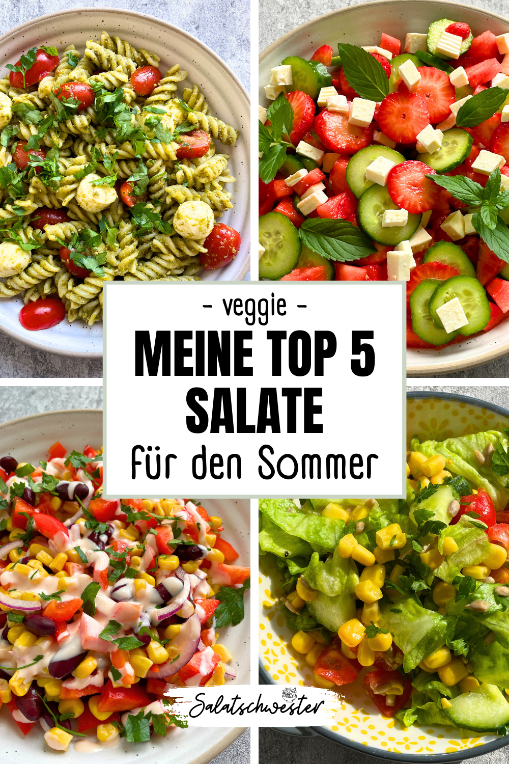 Vielfältige Sommersalate auf einem Tisch angerichtet – inspiriert von fünf sommerlichen Lieblingsrezepten