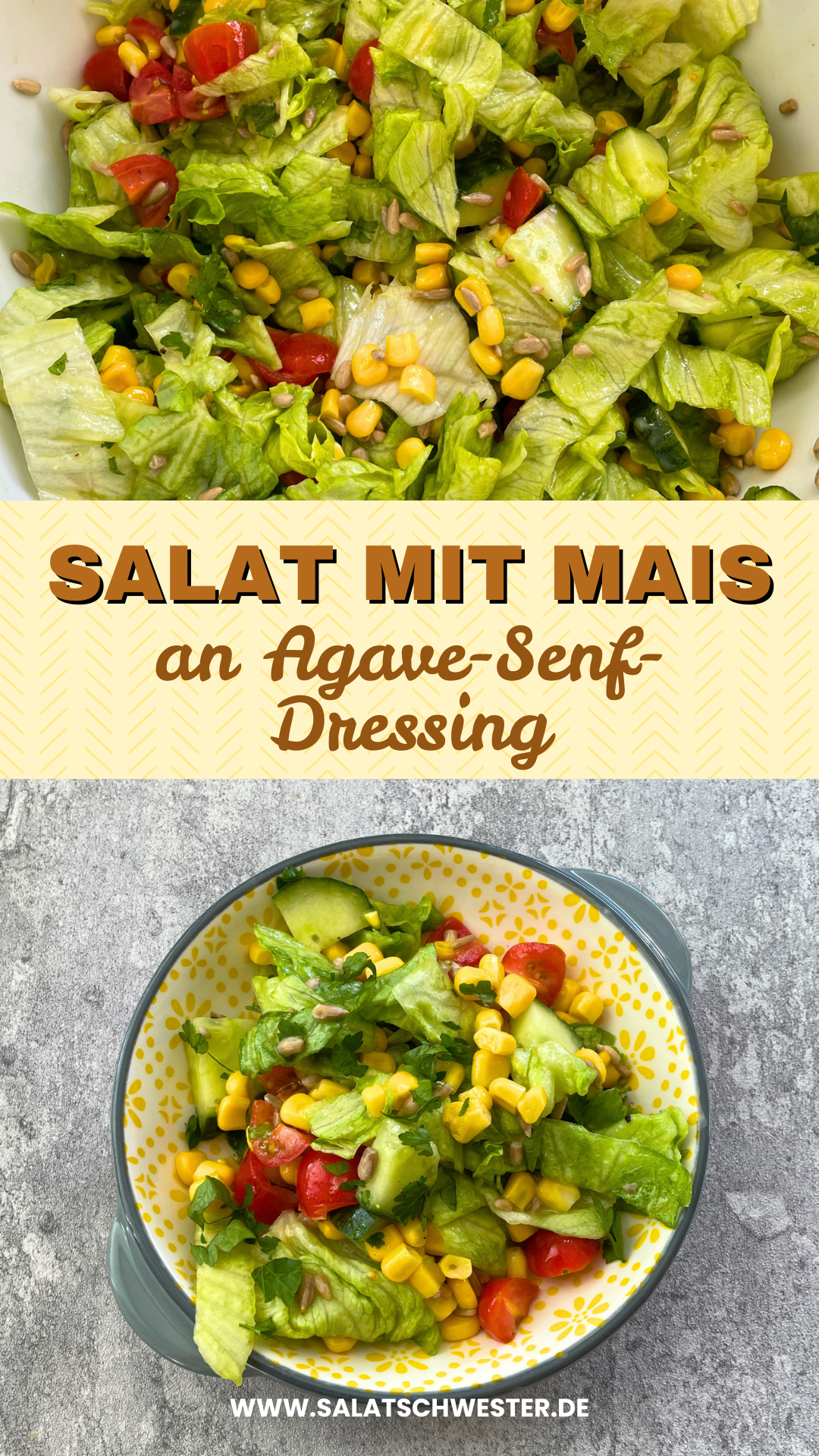 Veganer Salat mit Mais, Tomaten und einem selbstgemachten Senf-Dressing mit Agavendicksaft. Ideal für Picknick, Grillparty oder schnelles Abendessen.