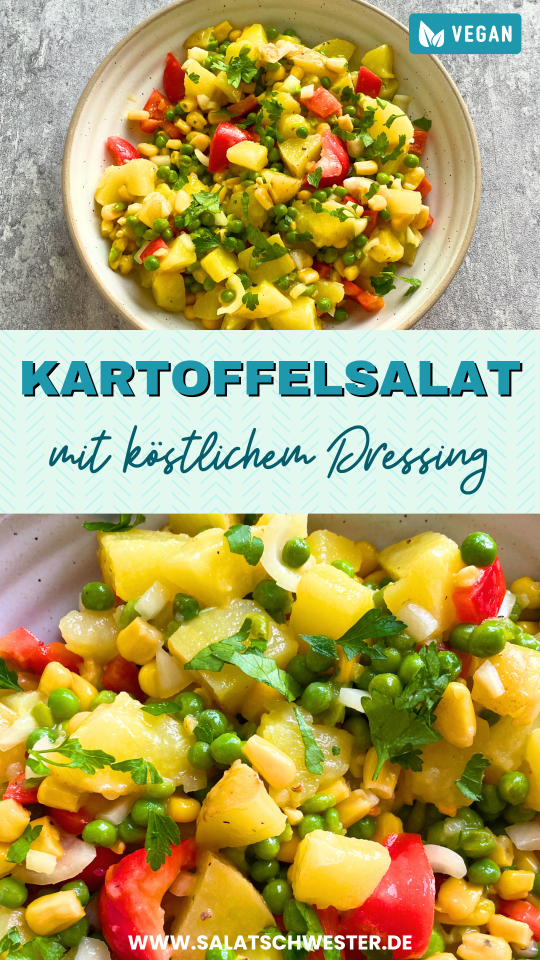 Serviervorschlag: Kartoffelsalat mit Mais und Erbsen, angerichtet mit Paprikawürfeln und frischen Kräutern.