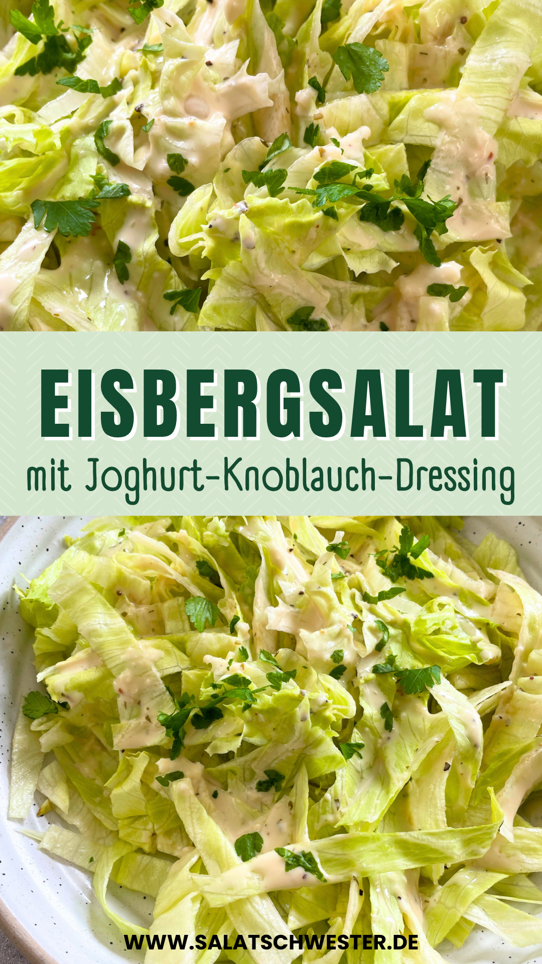 Zubereiteter Eisbergsalat mit cremigem veganem Joghurt-Knoblauch-Dressing, ideal als Beilage zum Grillen oder fürs Sommerbuffet.