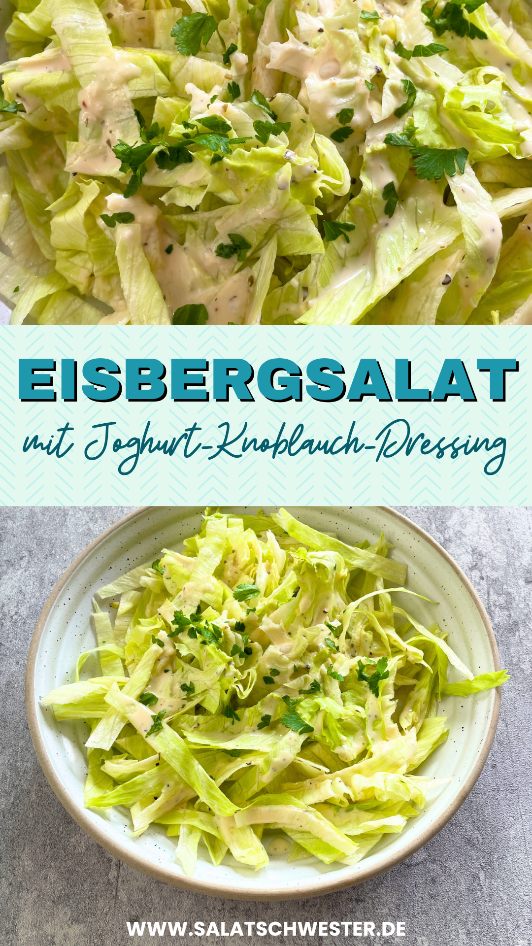 Eisbergsalat mit veganem Joghurt-Knoblauch-Dressing, angerichtet mit Kräutern und dekorativem Besteck – ein vielseitiger Alltagssalat.