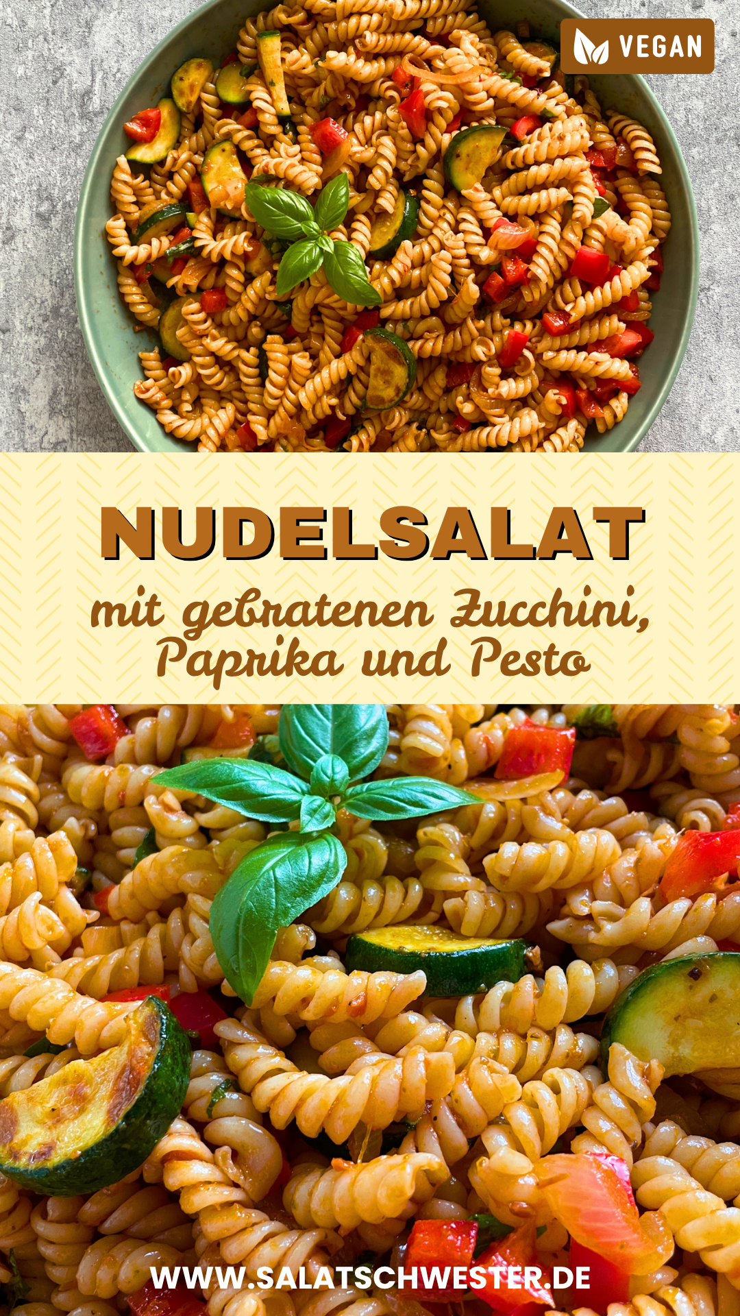 Leckerer Nudelsalat mit Zucchini, Paprika und Pesto Rosso, ideal für Picknick, Grillabend oder schnelles Mittagessen.