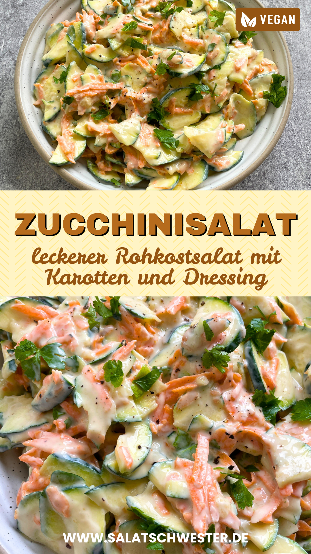 Bunter Gemüsesalat mit Zucchini, Karotten und einem cremigen Joghurtdressing – schnell gemacht und vegan.