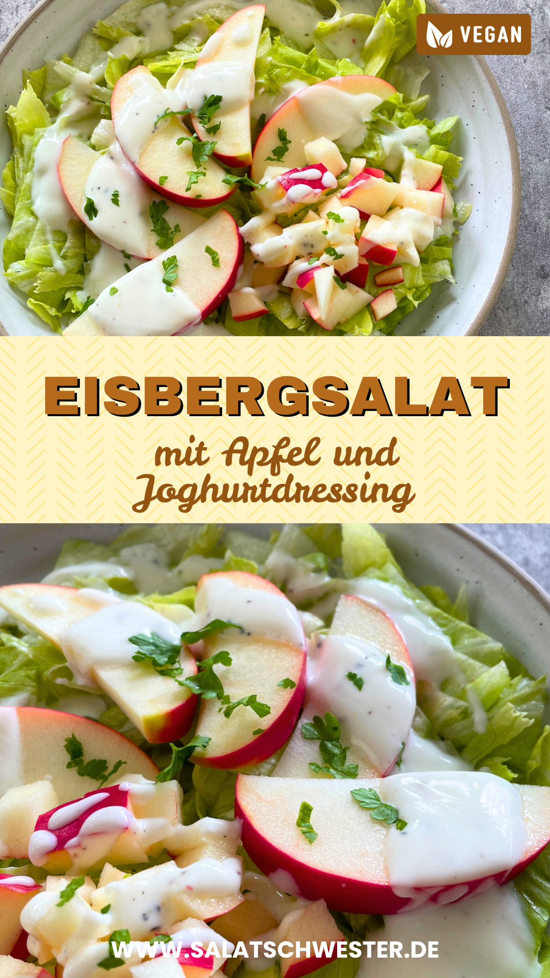Bunter Teller mit Eisbergsalat mit Apfel und Joghurtdressing – fruchtig, cremig und ideal für eine ausgewogene vegane Ernährung.