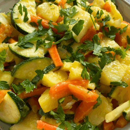 Vegetarischer Kartoffelsalat mit Zwiebeln, Zucchini und Möhren in frischer Vinaigrette.