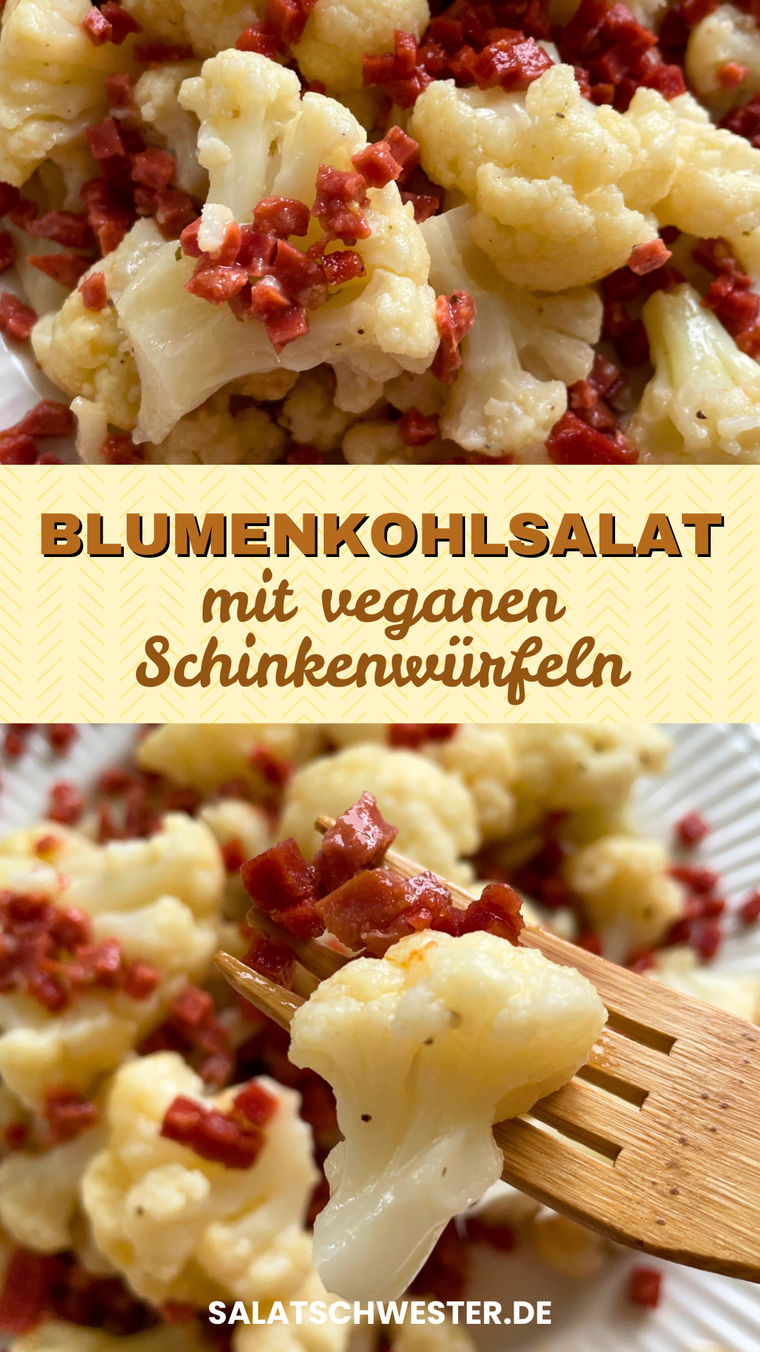 Blumenkohlsalat mit veganen Schinkenwürfeln und frischer Petersilie serviert.