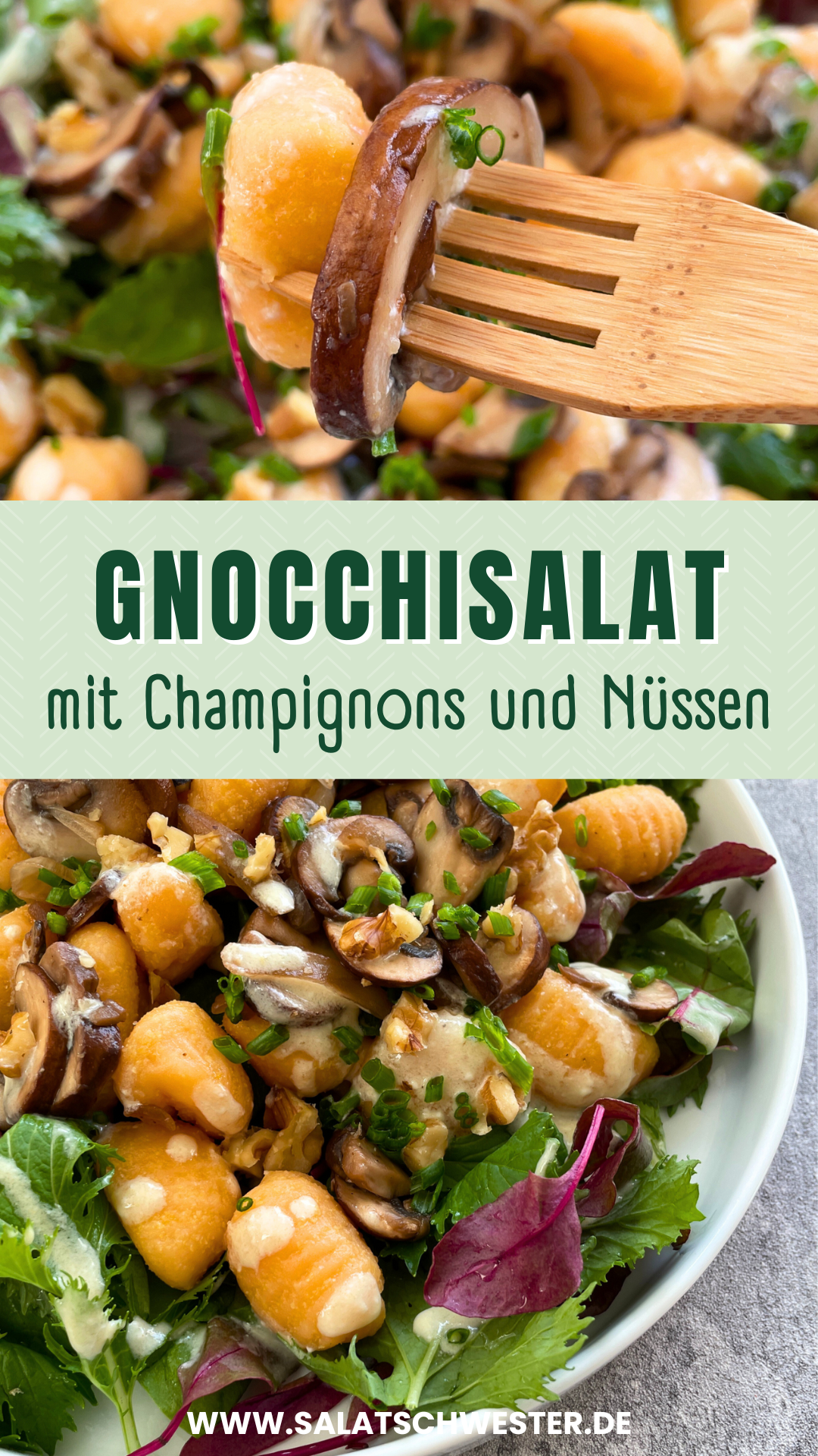 Veganer Gnocchisalat mit Pilzen und cremigem Joghurtdressing serviert auf einem Teller