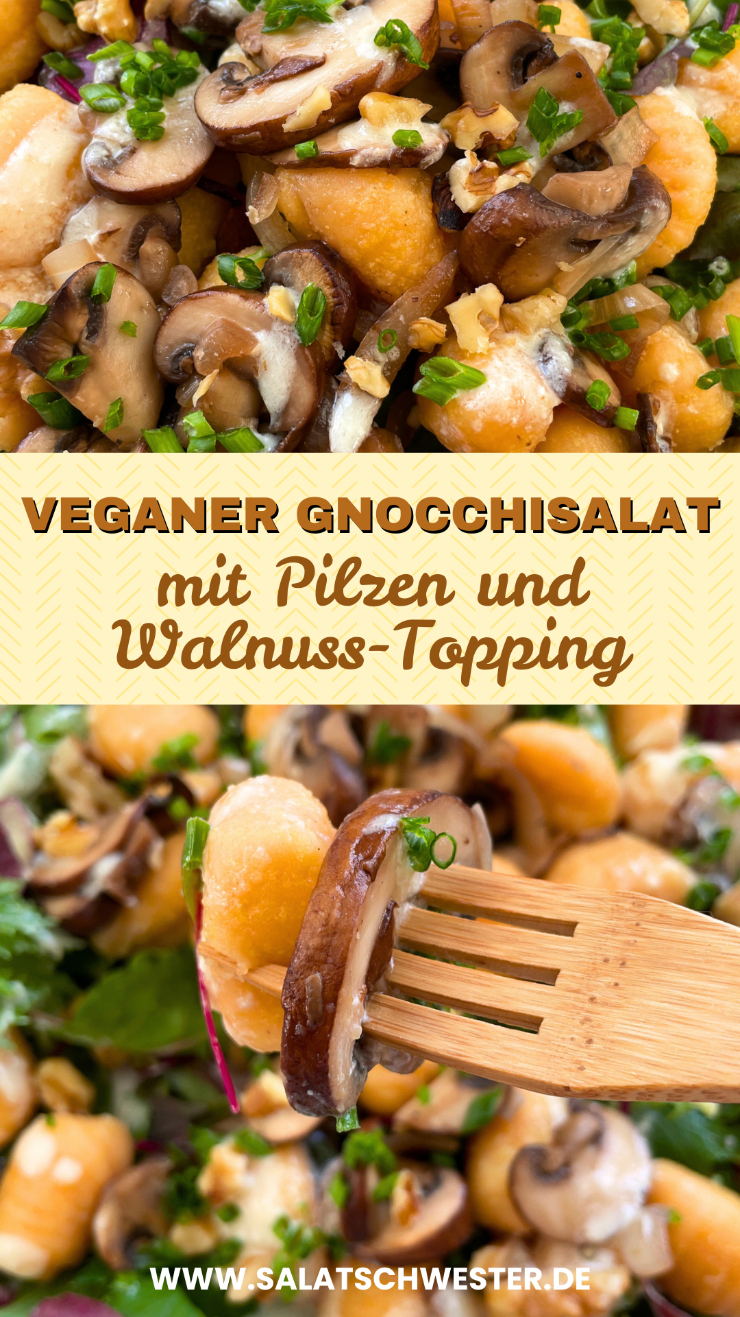 Veganer Gnocchisalat als Hauptgericht mit cremigem Dressing und Walnuss-Topping