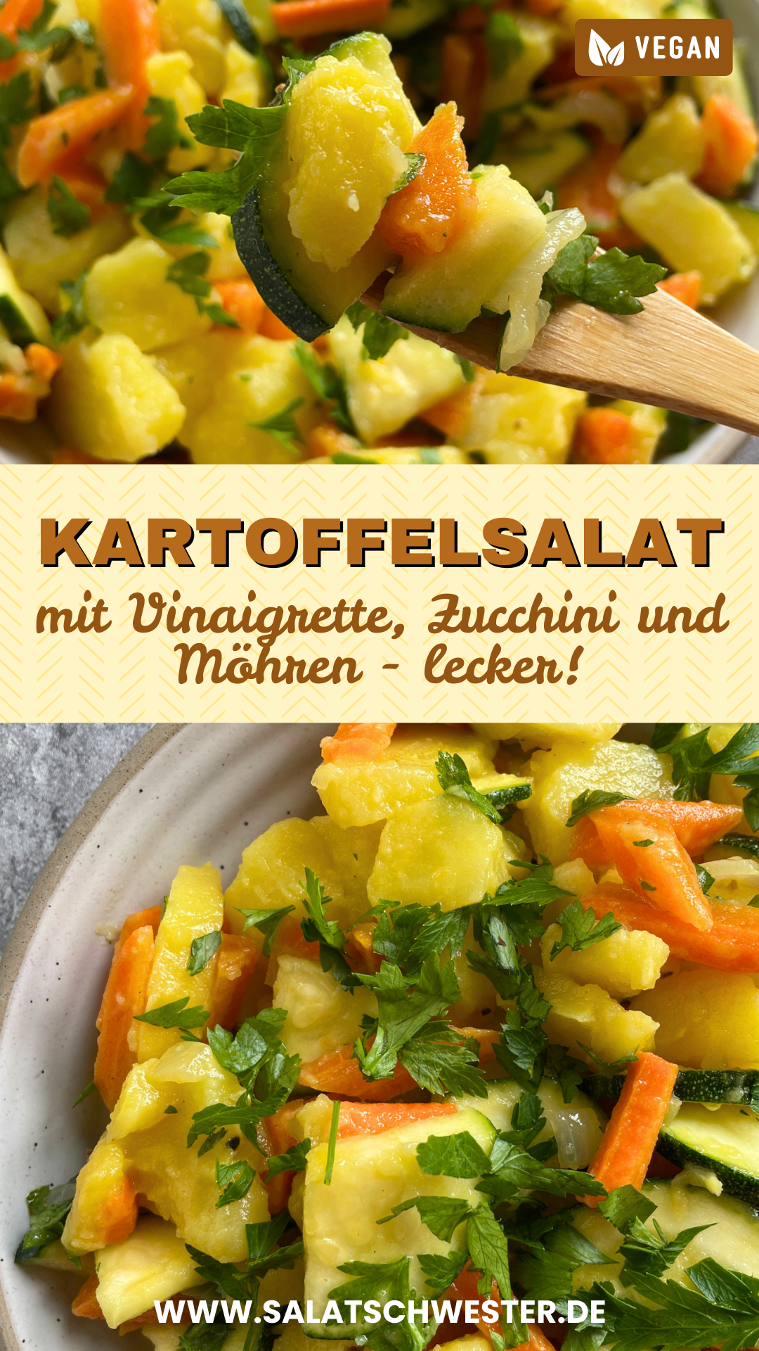 Dieser vegane Kartoffelsalat mit Möhren und Zucchini ist die perfekte Wahl, wenn du im Herbst nach einer leichten, aber dennoch wärmenden Beilage suchst. Knackige Karotten, gebratene Zwiebeln und saftige Zucchinischeiben verbinden sich mit einer aromatischen Vinaigrette aus Essig, Senf, Öl und Kräutern zu einem bunten Herbstsalat. Besonders praktisch: Der Salat lässt sich im Voraus zubereiten, passt zu herbstlichen Braten, Aufläufen oder als Beilage zu Kürbisgerichten und schmeckt am nächsten Tag sogar noch besser. Eine tolle Idee für Buffet, Familienfeier oder Meal Prep im goldenen Herbst.