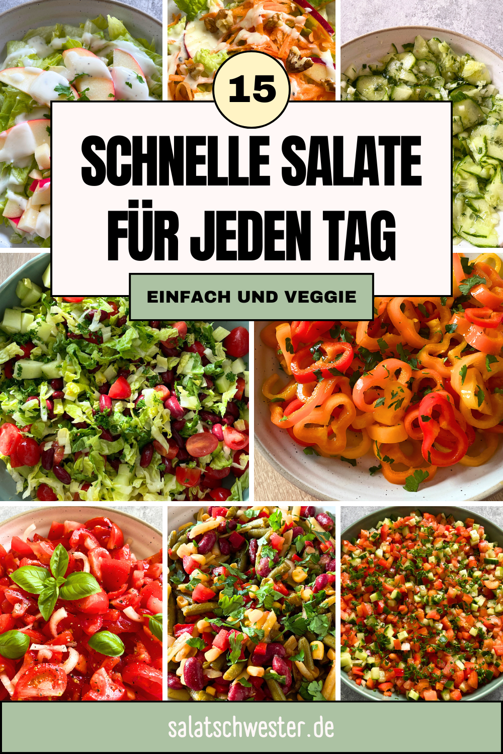 Du suchst schnelle Salate für jeden Tag? In dieser Rezeptsammlung findest du 15 einfache und gesunde Salate, die in wenigen Minuten zubereitet sind. Perfekt für Mittagessen, Abendessen oder als schnelle Beilage. Entdecke frische Salatideen mit Gurke, Tomaten, Bohnen, Paprika und Karotten – ideal für eine leichte und unkomplizierte Küche. Diese einfachen Salatrezepte sind perfekt für stressige Tage, wenn es schnell gehen muss, aber trotzdem frisch und lecker sein soll. Egal ob klassischer Gurkensalat, frischer Tomatensalat oder bunter Gemüsesalat – hier findest du viele schnelle Salate, die sich einfach zubereiten lassen und zu vielen Gerichten passen.