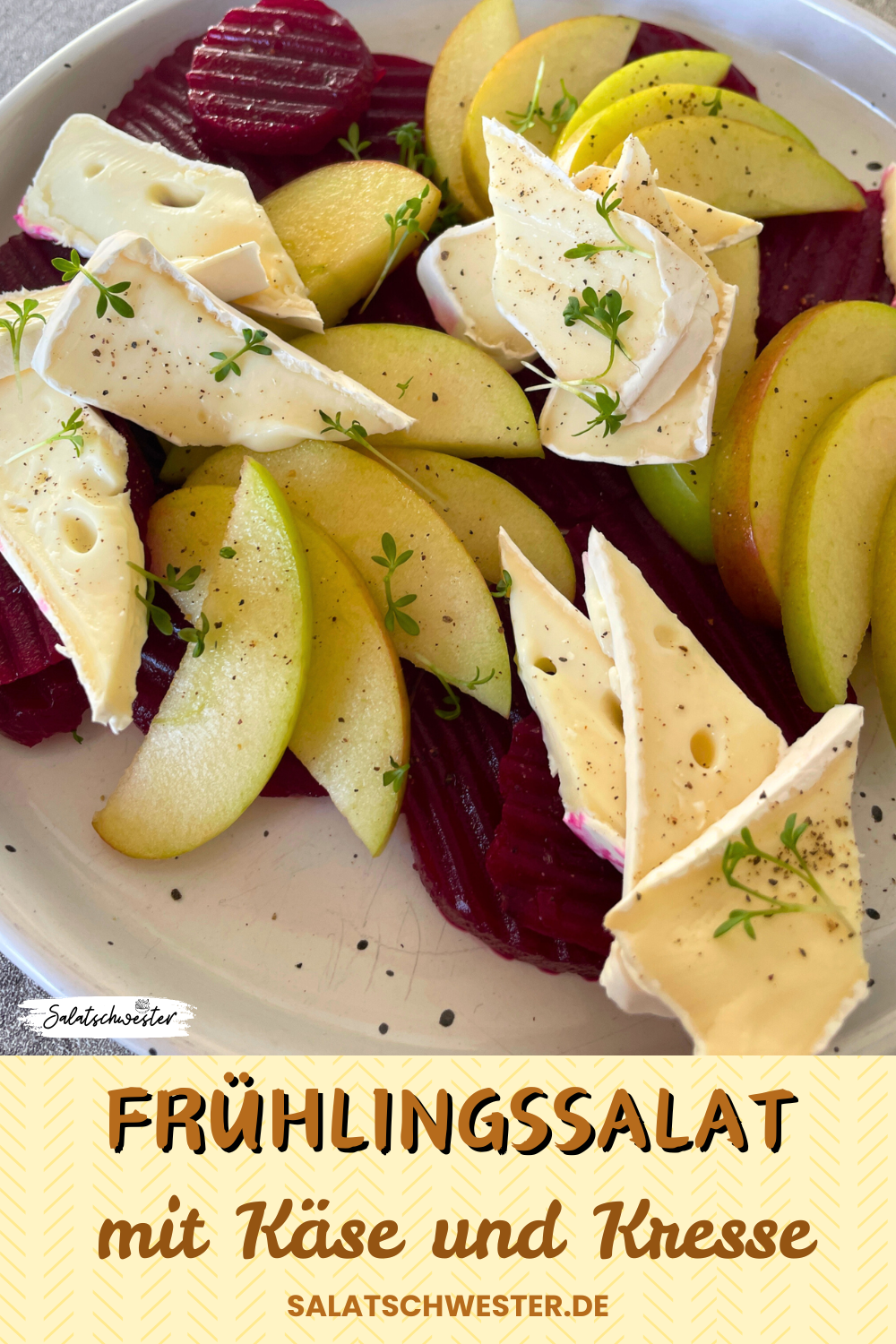 Frühlingssalat mit Roter Bete, Camembert und frischer Kresse auf flachem Teller angerichtet.